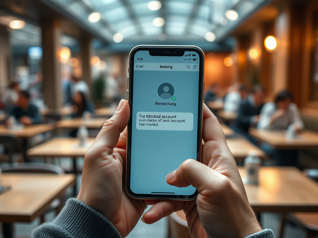 На экране телефона сообщение о заблокированном банковском счете в кафе с людьми на заднем плане.