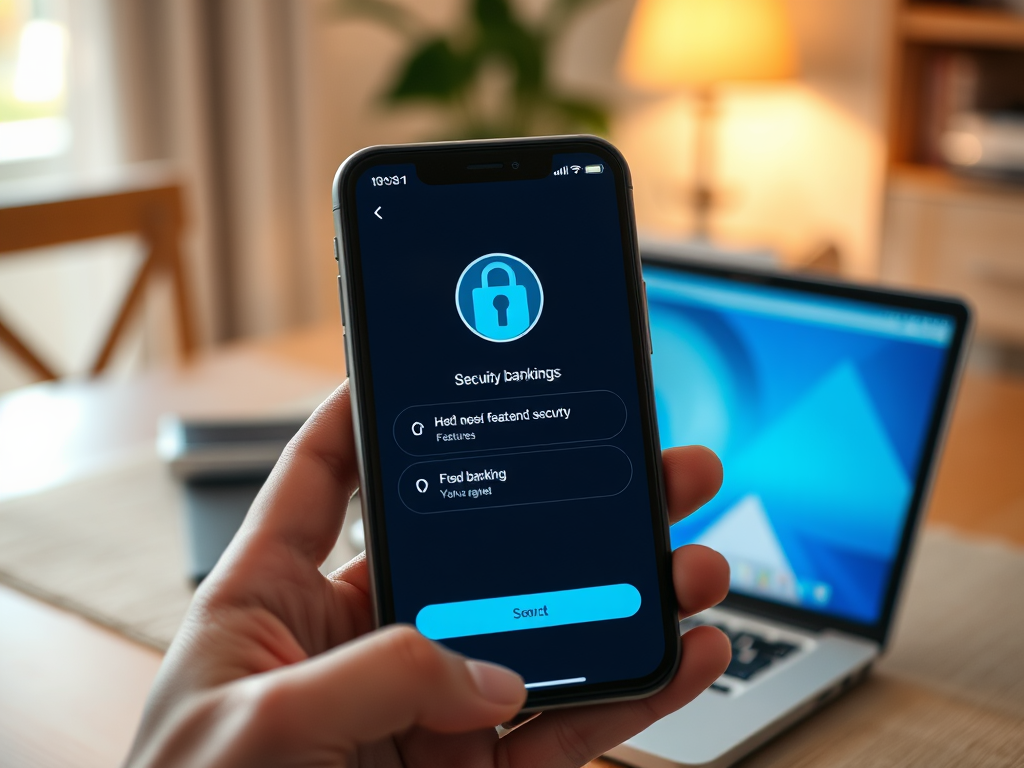 Экран смартфона с настройками безопасности банковских услуг и выбором функций. На заднем плане ноутбук.